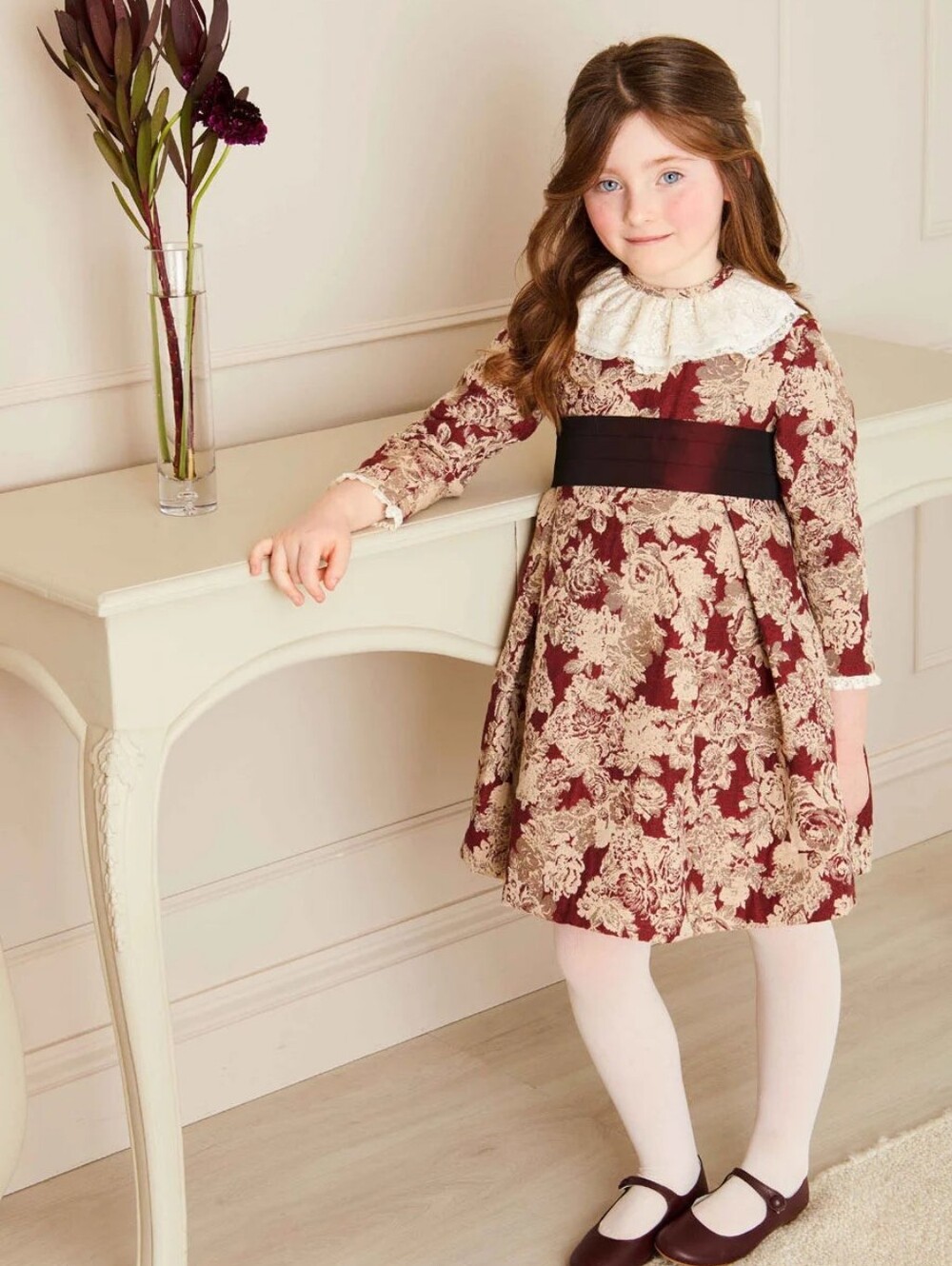 Pepa LONDON Burgundy and Cream Floral Brocade Girls Dress with Bow - Picture 2 of 3